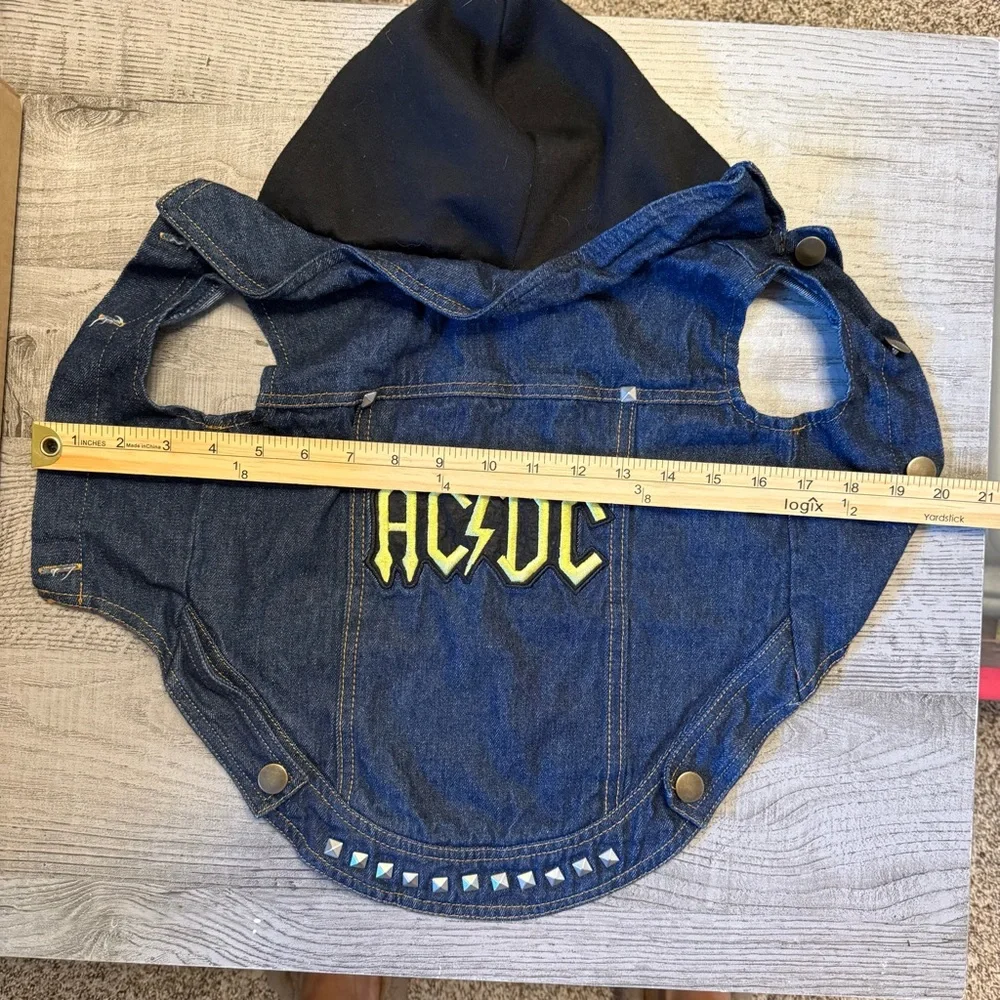 Fatdog AC/DC dog Denim Jacket Black Hoodie studded blue Jean vest rocker SMALL